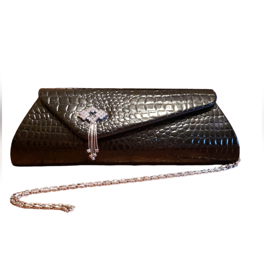 Ole Gift Evening Clutch Black Patent Leather with Alligator Embossing